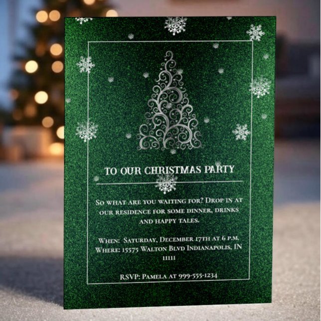 Julgran Glitter och Snöflingor | GRÖNT Inbjudningar (Green Christmas Tree Glitter and Snowflakes Party Invitation)