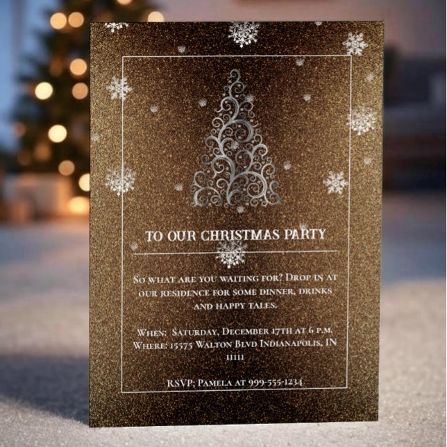 Julgran Glitter och Snöflingor | GULD Inbjudningar (Gold Christmas Tree Glitter and Snowflakes Party Invitation)