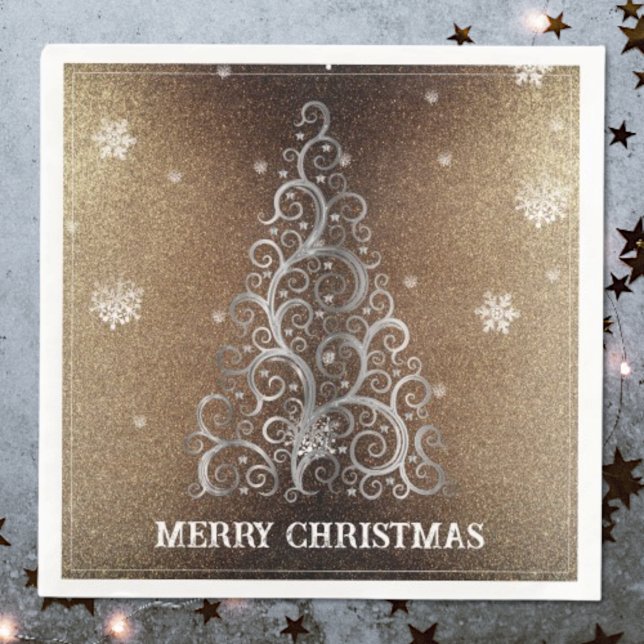 Julgran Glitter och Snöflingor | GULD Pappersservett (Gold Christmas Tree Glitter and Snowflakes Napkins)