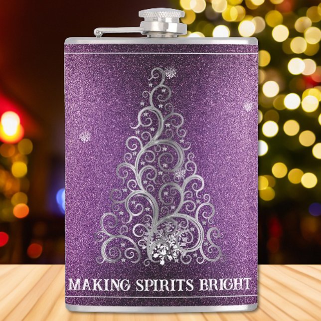 Julgran Glitter och Snöflingor | MAGENTA Fickplunta (Magenta Christmas Tree Glitter and Snowflakes Flask)