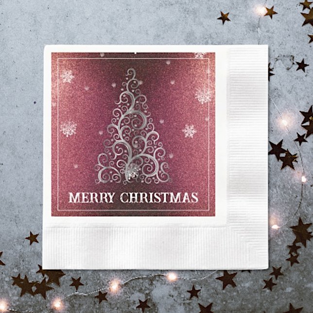 Julgran Glitter och Snöflingor | Röd Pappersservett (Red Christmas Tree Glitter and Snowflakes Napkins)