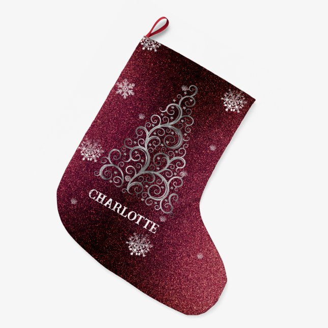 Julgran Glitter och Snöflingor | Röd Stor Julstrumpa (Framsidan (Hängande))