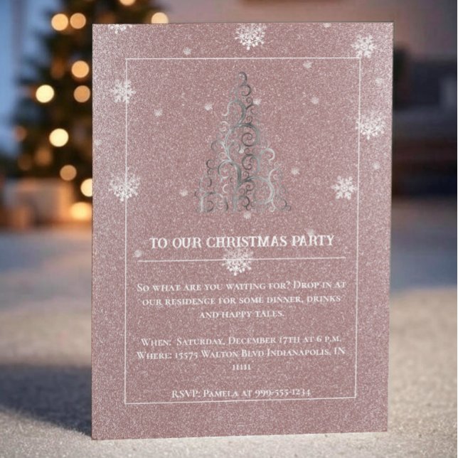 Julgran Glitter och Snöflingor | ROSA Inbjudningar (Pink Christmas Tree Glitter and Snowflakes Party Invitation)