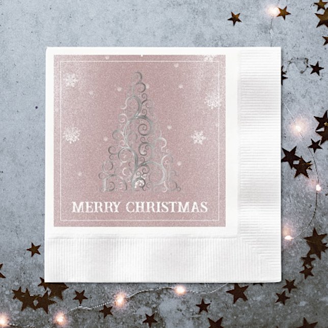 Julgran Glitter och Snöflingor | ROSA Pappersservett (Pink Christmas Tree Glitter and Snowflakes Napkins)