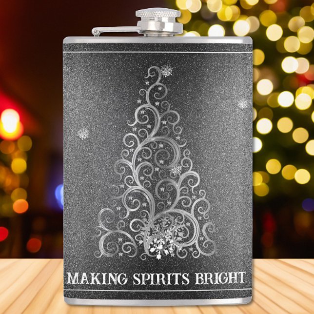 Julgran Glitter och Snöflingor | SILVER Fickplunta (Silver Christmas Tree Glitter and Snowflakes Flask)