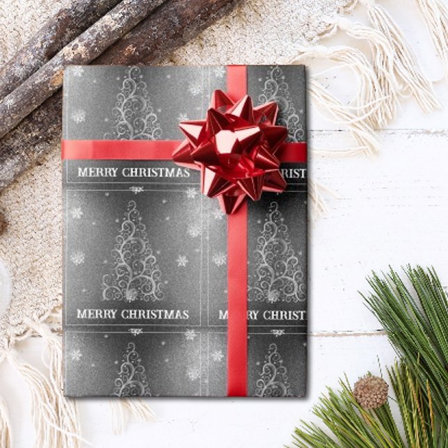 Julgran Glitter och Snöflingor | SILVER Presentpapper (Silver Christmas Tree Glitter and Snowflakes Wrapping Paper)