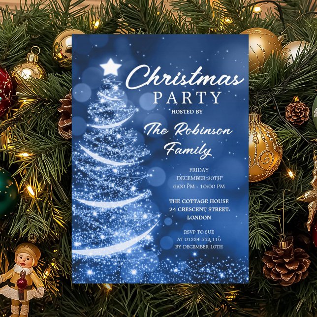 Julgran Gnistra Blue-jul Party Inbjudningar (Christmas Tree Sparkle Blue Christmas Party Invitation)