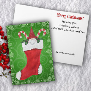 Julgran Gnome Candy cane Holly i Red Stock Helgkort