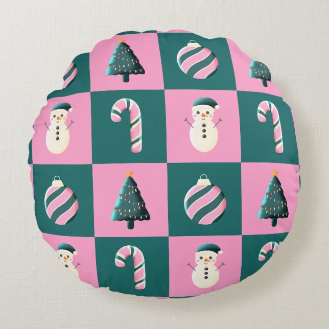 Julgran godisstav kula snöman rosa cyan rund kudde (Framsidan)