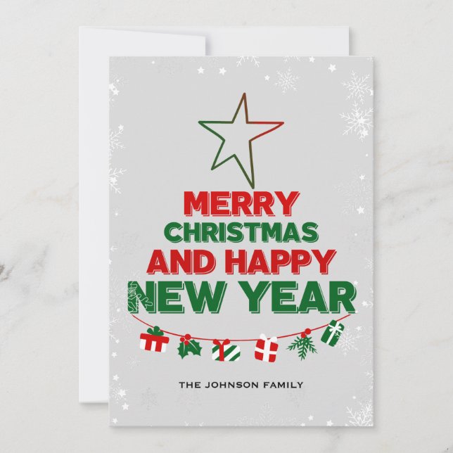 Julgran, Gott nytt år, ord, stjärna, gåva Julkort (Framsida)