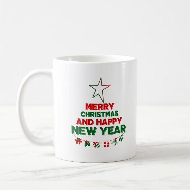 Julgran, Gott nytt år, ord, stjärna, gåva Kaffemugg (Vänster)