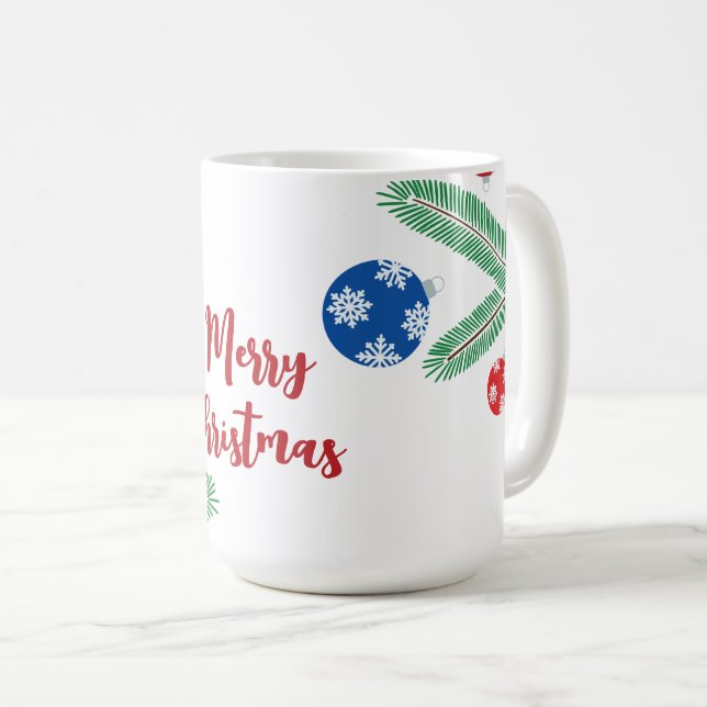 Julgran gren med snöflammande dekorationer kaffemugg (Framsida höger)