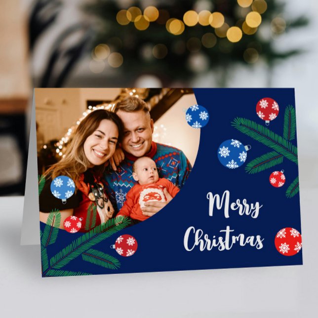 Julgran gren med snöflammande dekorationer kort (Chrismas tree with decorations custom greeting card with your photo)