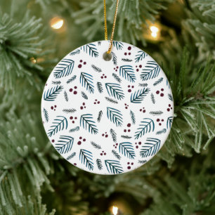 Julgran grenar och bär - mörk teal julgransprydnad keramik