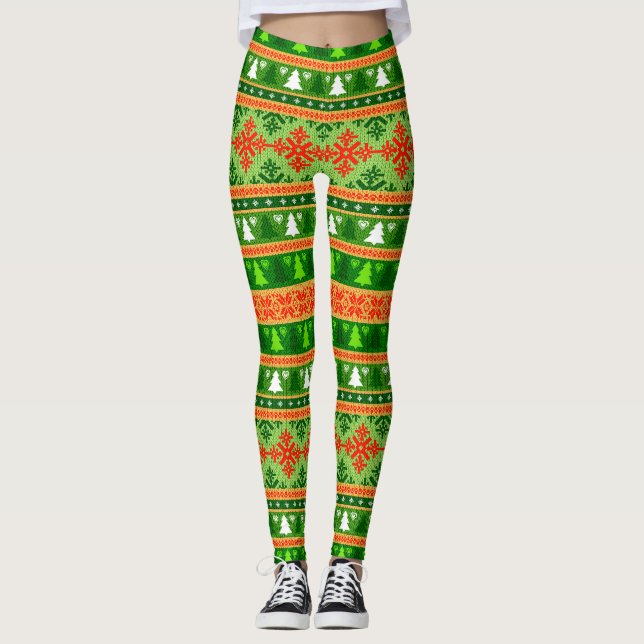 JULGRAN GRÖN VIT RÖD PRYDNADER  LEGGINGS (Framsida)