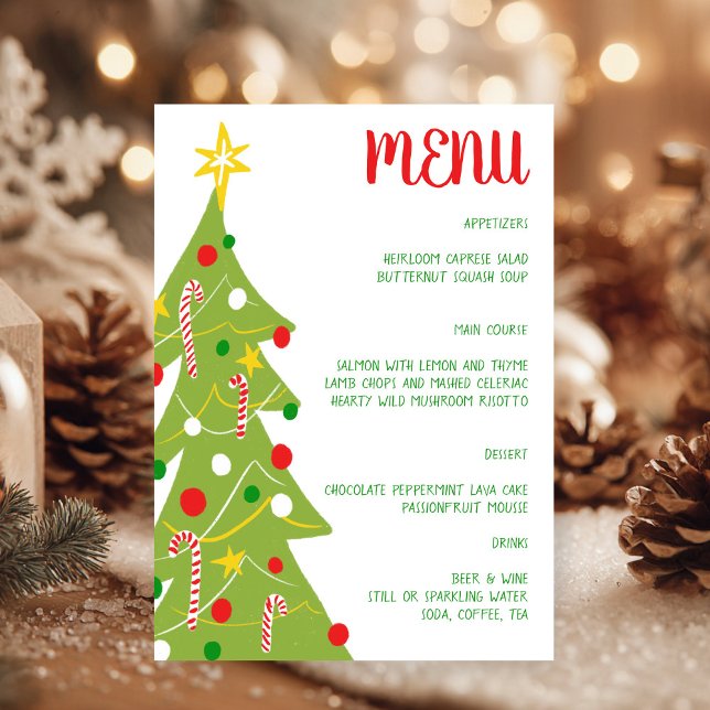 Julgran Handritad Höjdpunkt CUSTOM  Meny (Christmas Tree Hand Drawn Holiday Party CUSTOM Dinner Party Celebration Menu
)