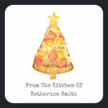 Julgran Hawaii Pizza från köket Fyrkantigt Klistermärke<br><div class="desc">Illustration av en bit skinka och ananas Hawaiisk pizza med en stjärna. "Från köket av" text.</div>
