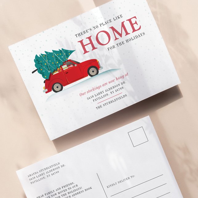 Julgran Helgdag Nya adress Flyttan Meddelande Vykort (Cute Red Car Christmas Holiday Moving Announcement Postcard)