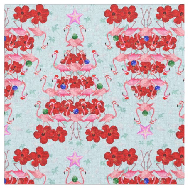 Julgran Helgdag Santa Flamingos på Coola Blu Tyg (Närbild)
