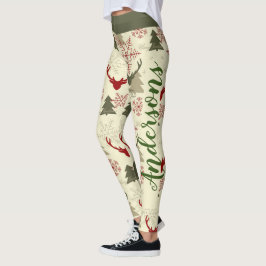 Julgran Hjort Grönt Red Mönster Namn Festive Leggings