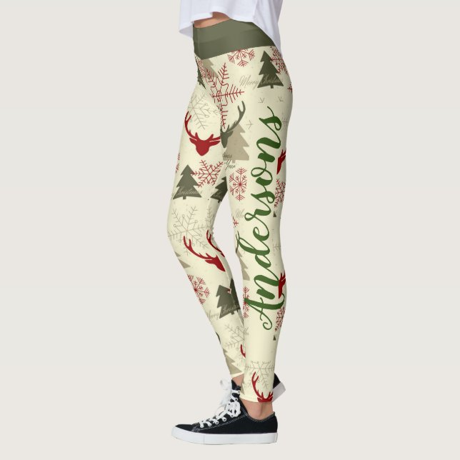 Julgran Hjort Grönt Red Mönster Namn Festive Leggings (Vänster)