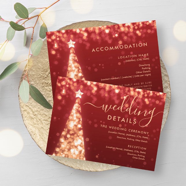 Julgran i guld och rött bröllopsdetaljkort tilläggskort (Festive Xmas Tree Gold Red Wedding Details Card)