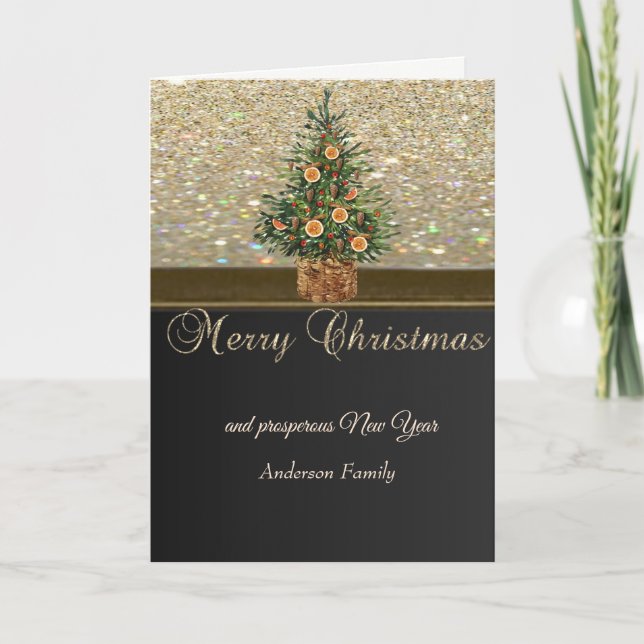 Julgran i guld orange, glitter helgkort (Framsida)