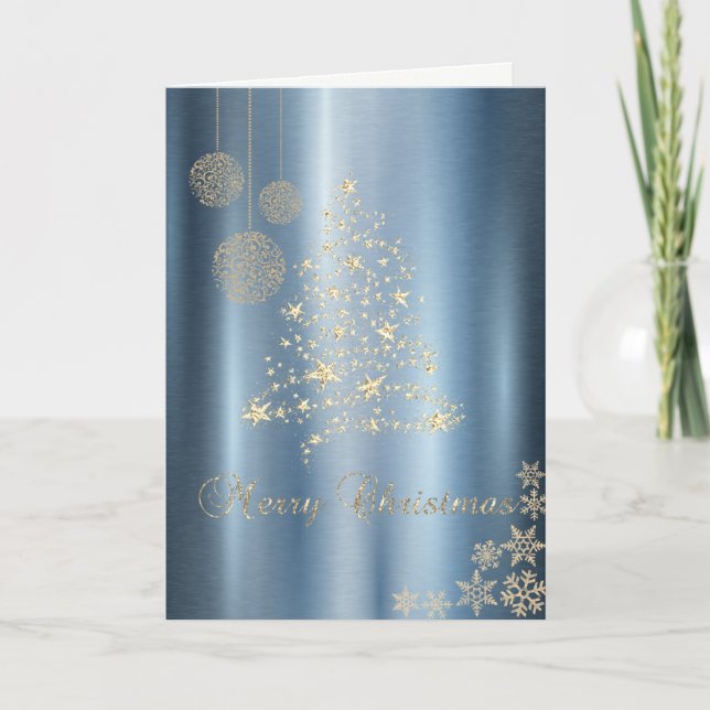 Julgran i guld, snöflingor blå metallisk helgkort (Framsida)