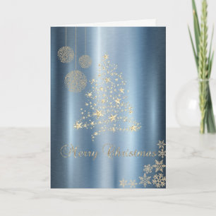 Julgran i guld, snöflingor blå metallisk helgkort