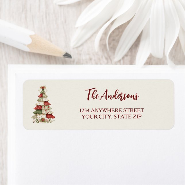 Julgran i lapptäcke jul returadress etikett (Insitu)