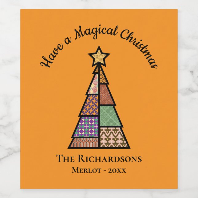 Julgran i modern mid-century stil vinflaska etikett (Singel etikett)