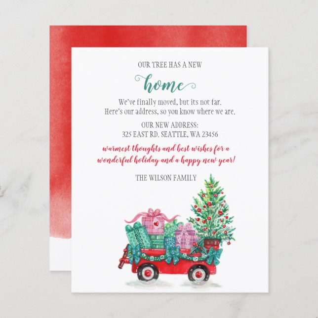 Julgran i röd kärra Vi har flyttat Julkort (Fram/baksida)