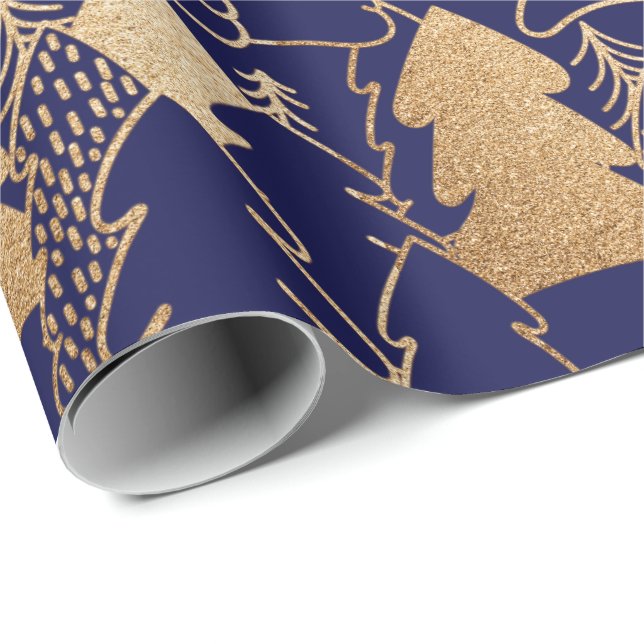 Julgran Indigo Blue Guld Finare Glitter Wood Presentpapper (Rullad Hörn)