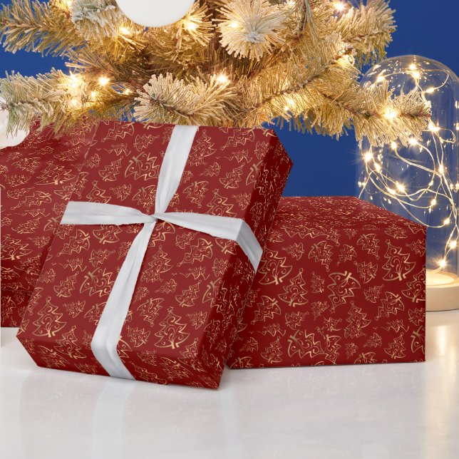 Julgran inpåspappersduk i festlig röd och guld presentpapper (Helgdagar)