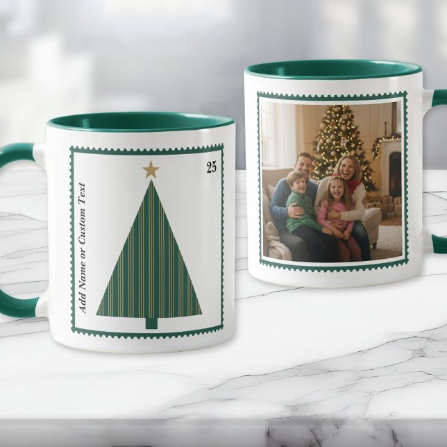 Julgran Julgrans Tomte Foto Mugg (Personalized Postage Stamp Christmas Tree Photo Mug with Forest Green Accents)