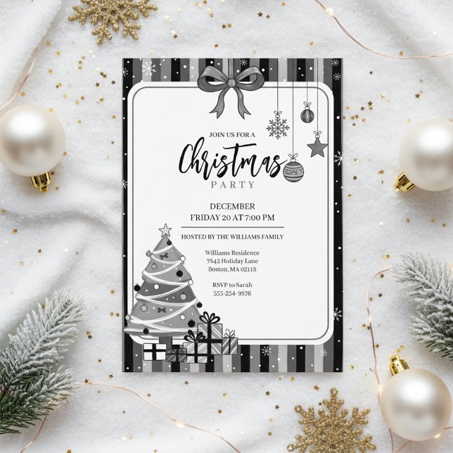 Julgran julinbjudan i modern gråskala inbjudningar (Minimalist Christmas Design)