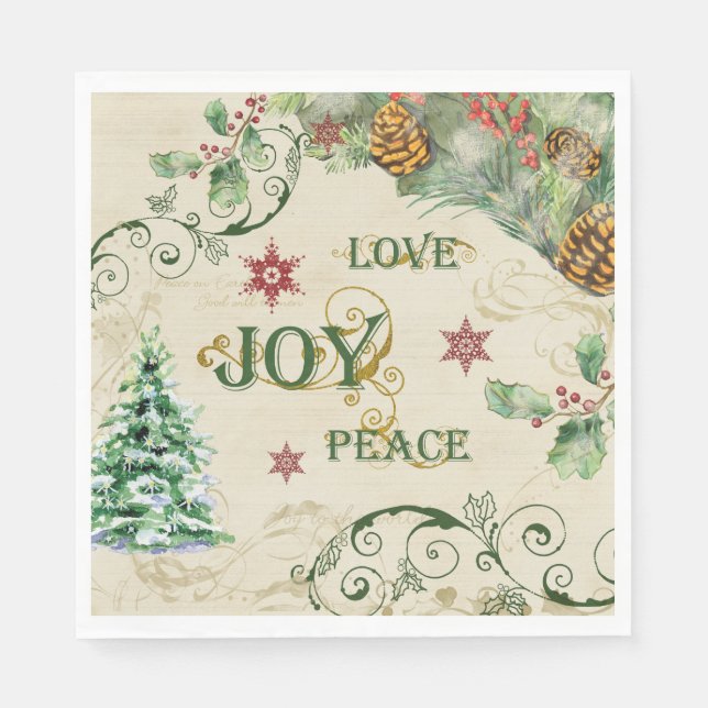 Julgran Kärlek Joy Peace Holly Typography Pappersservett (Framsidan)