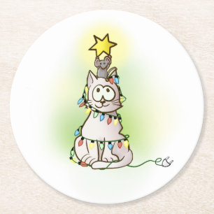 Julgran Katt och mus med shiny Star Ceram Underlägg Papper Rund