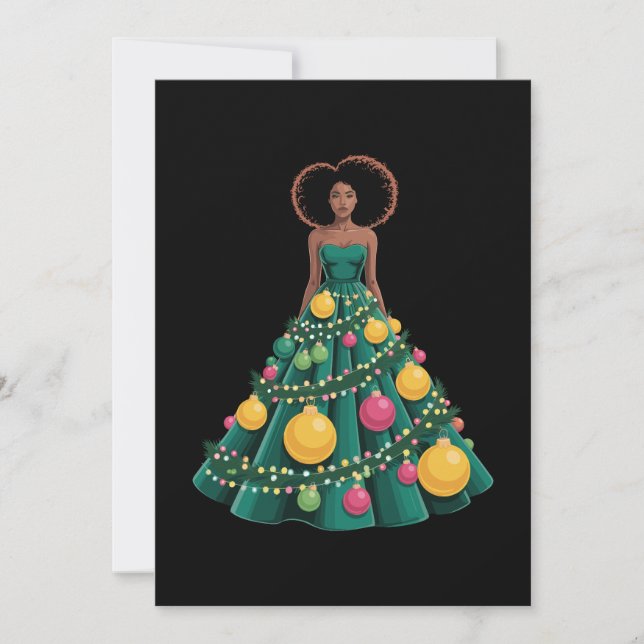 Julgran Klänning Xmas Ljus Afro Kvinna Inbjudningar (Framsida)