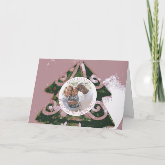 Julgran Konstnärlig Grön Rosa Familjefoto Helgkort (Framsida)