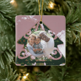 Julgran Konstnärlig Grön Rosa Familjefoto Julgransprydnad Keramik