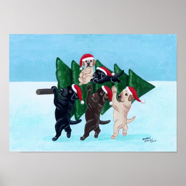 Julgran Labradors i Snö Fält Artwork Poster (Framsidan)