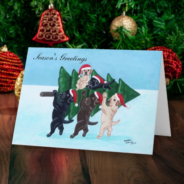 Julgran Labradors i Snowfield Helgkort (Christmas Tree Labradors in the Snowfield Design Holiday Cards for Labrador Owners.  )