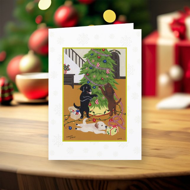 Julgran Labradors Snöflingor Helgkort (Christmas Tree Labradors Design Christmas Cards for Labrador Owners.  Whimsical Labrador Painting.)