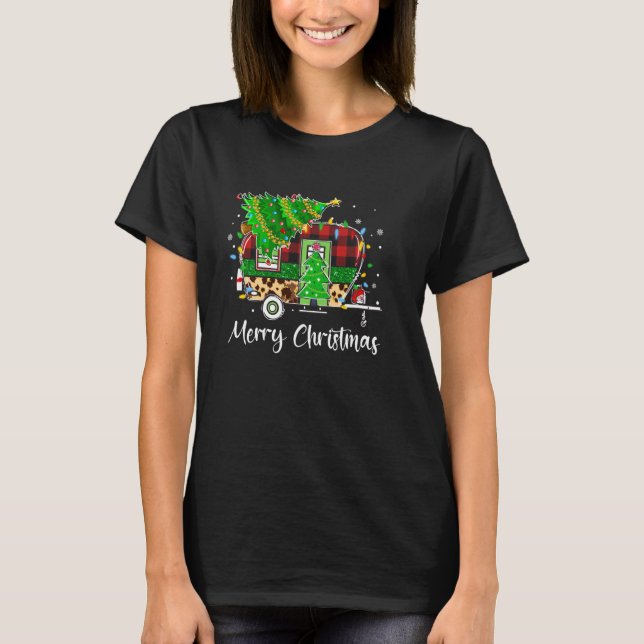 Julgran Leopard Camping Trailer Merry Chris T Shirt (Framsida)
