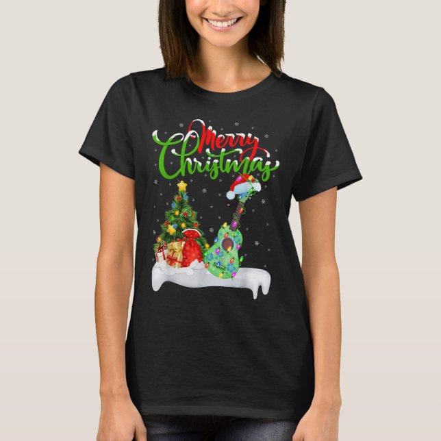 Julgran Ljus Tomte Hatt Musikalisk Ukulele Gitarr  T Shirt (Framsida)