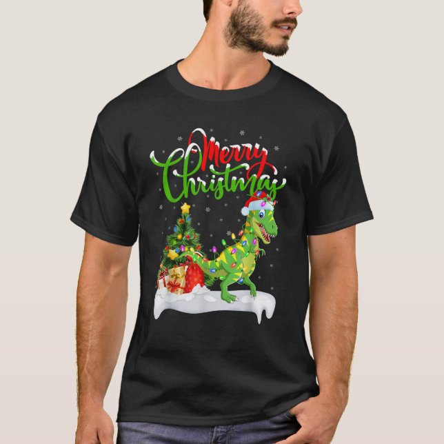 Julgran Ljus Tomte Hatt T Rex Dinosaur Jul Shirt (Framsida)