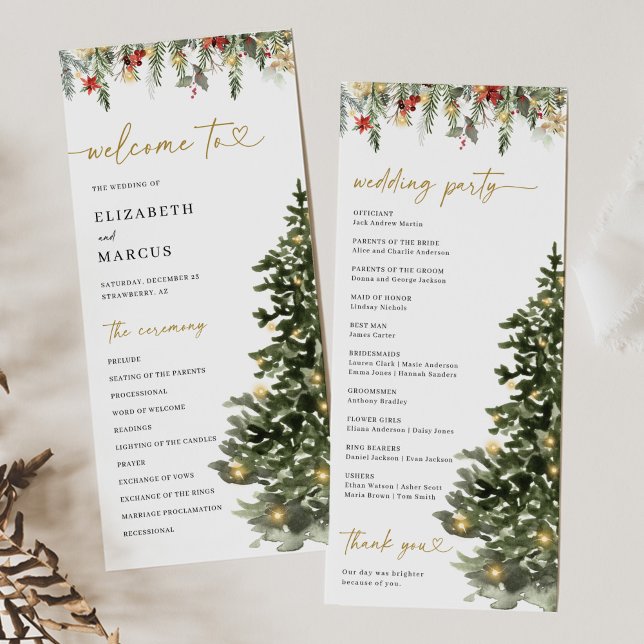 Julgran Ljuskedja Tall Vinter Bröllopsprogram Program (Christmas wedding program with watercolor pine tree and winter greenery, elegant holiday ceremony)