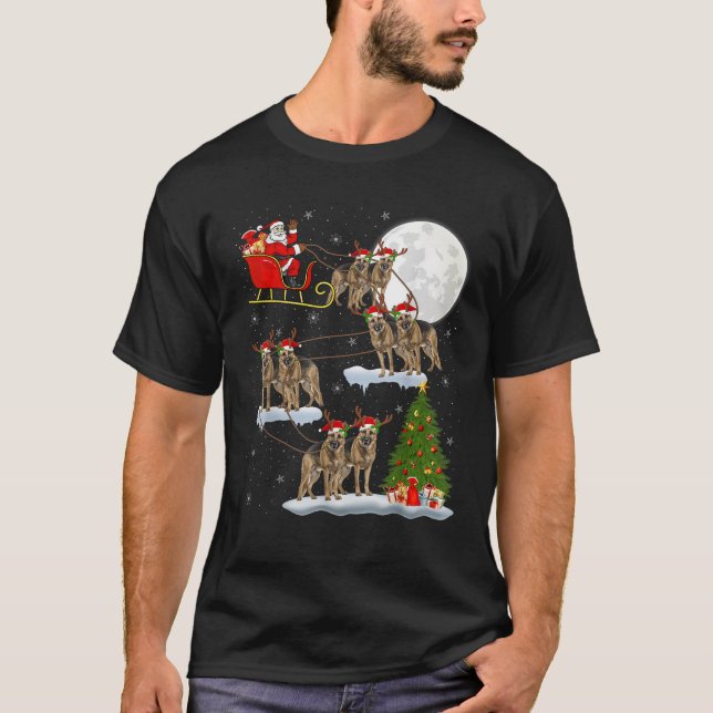 Julgran Ljussättning Tomte Ridande Tysk Schäferhun T Shirt (Framsida)