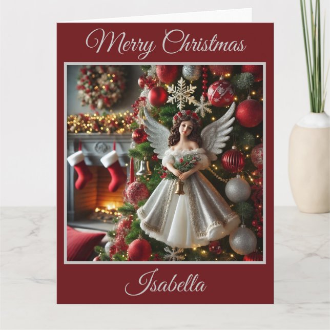 Julgran med ängel (röd) kort (Framsida)